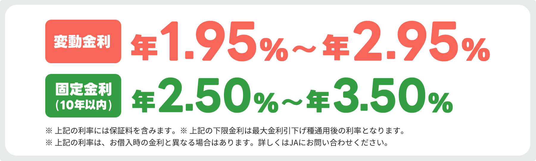 変動金利 年1.95%〜年2.95% / 固定金利(10年以内) 年2.50%〜年3.50%