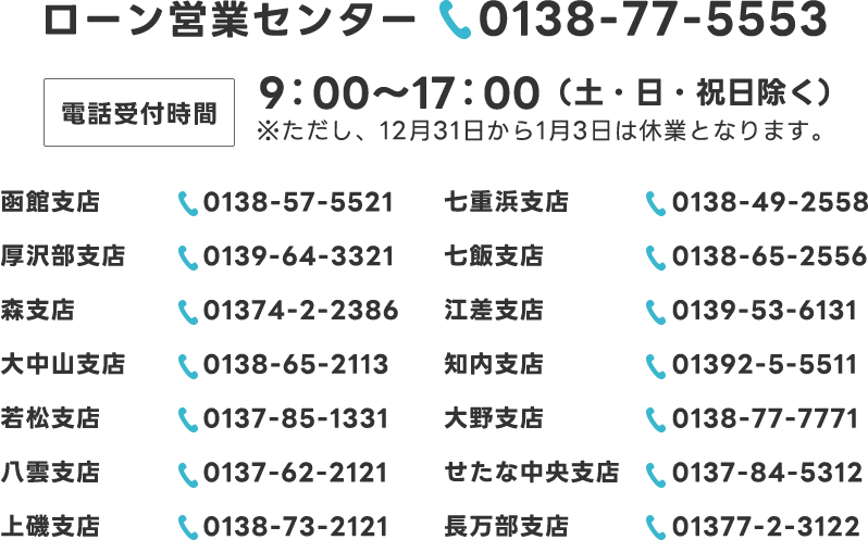 ローン営業センター 0138-77-5553 / 電話受付時間 9:00～17:00（土・日・祝日除く） ※ただし、12月31日から1月3日は休業となります。